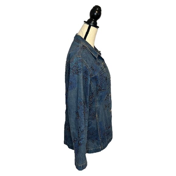 Rare Chico’s Design Denim Jean Jacket Floral Embroidery Beading Size 1 Small - Picture 5 of 6